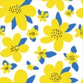 Seamless floral pattern. Bright yellow flowers, leaves in a simple hand-drawn style on a white background. Modern abstract design. Royalty Free Stock Photo